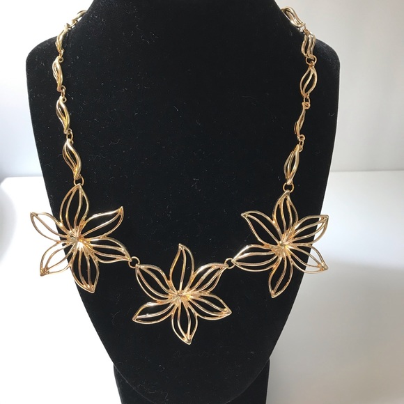 Gold Tone Floral Statement Necklace - Picture 1 of 6